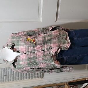 'The Simpsons' Women's L Gray and Pink Plaid Flannel Y2K Button Down Top, Grunge